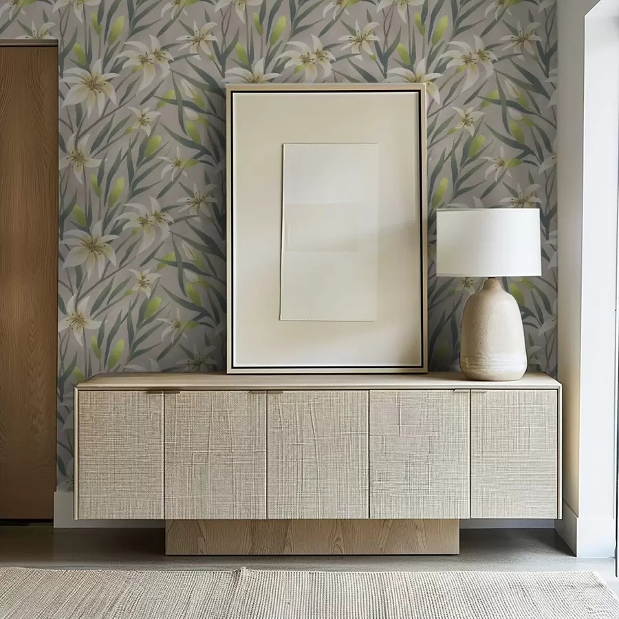 murais de parede Lírios creme com folhas sobre fundo cinza-bege a00837