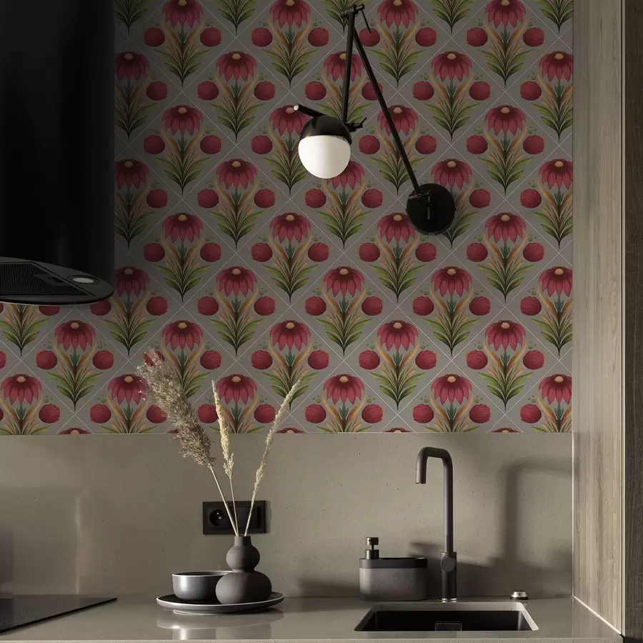 murais de parede Ornamento floral simétrico sobre fundo cinzento com diagonais a00869