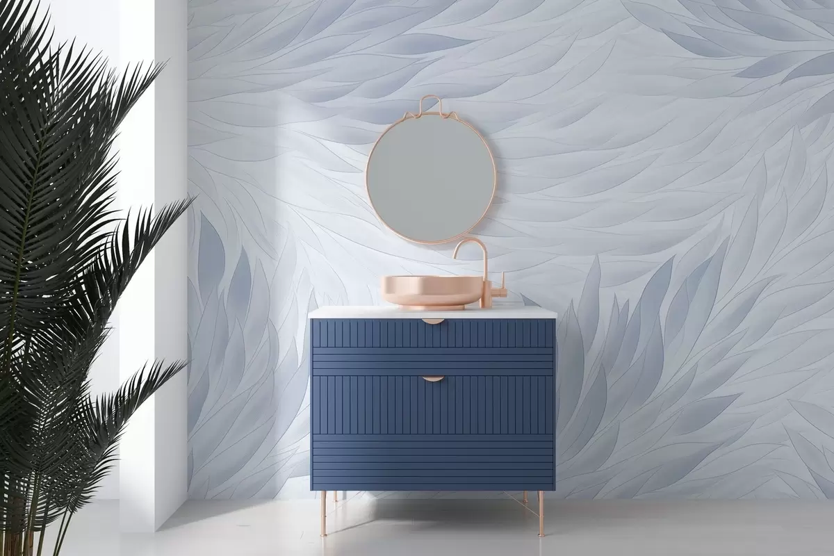 murais de parede Folhas onduladas em tons de azul claro w04610v1