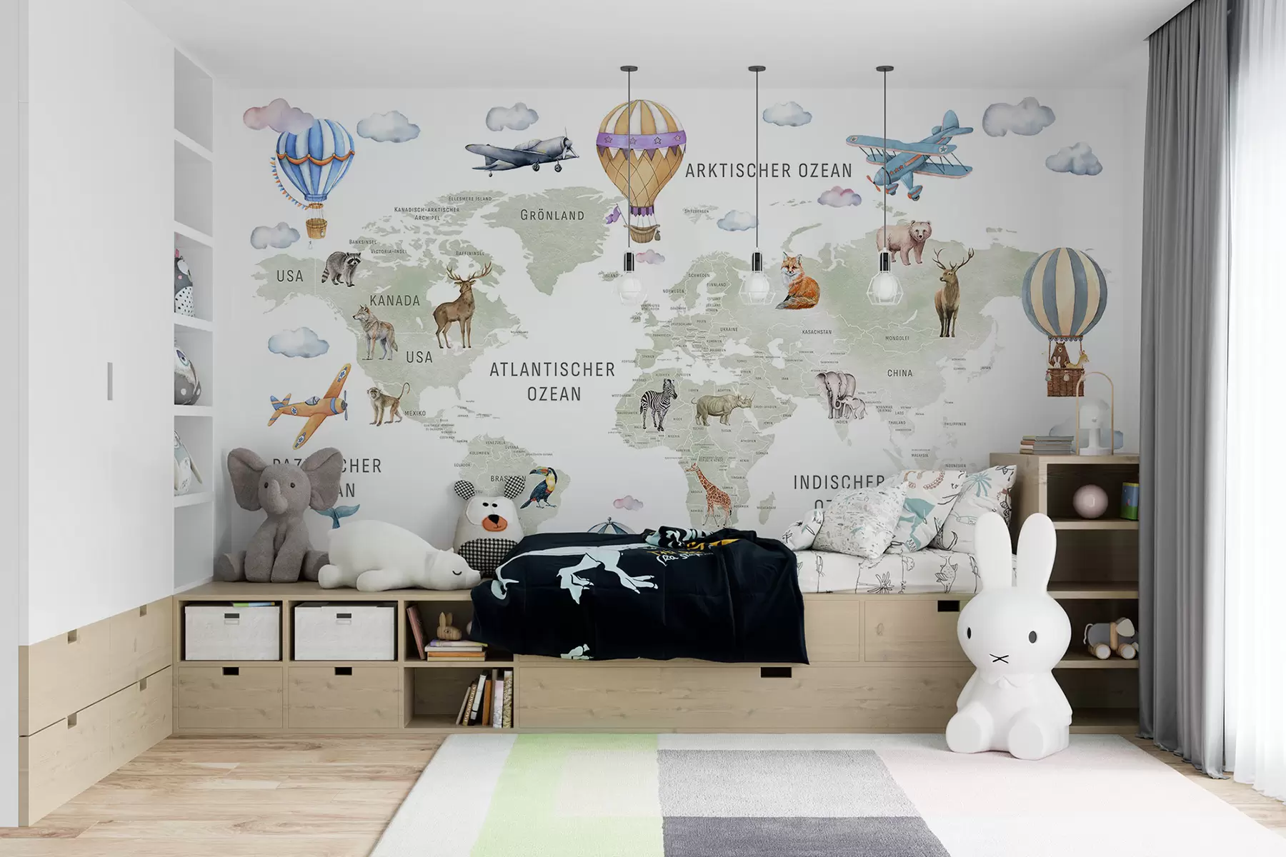 murais de parede Mapa em estilo aquarela para crianças com animais e balões de ar quente. Em alemão. Cor verde. c00001de