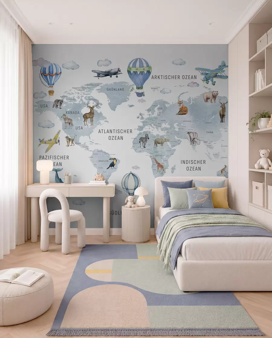 murais de parede Mapa em estilo aquarela para crianças com animais e balões de ar quente. Em alemão. Cor azul. c00001dev1