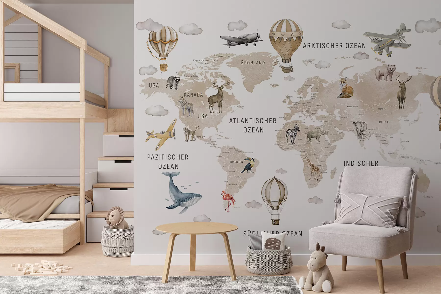 murais de parede Mapa em estilo aquarela para crianças com animais e balões de ar quente. Em alemão. Cor bege. c00001dev2