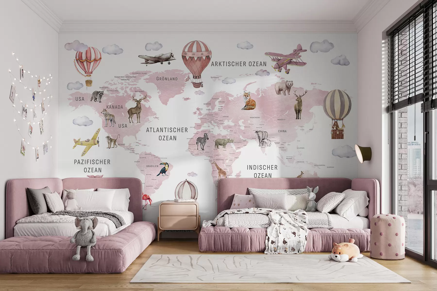 murais de parede Mapa infantil em estilo aquarela com animais e balões de ar quente. Em alemão. Cor rosa. c00001dev3