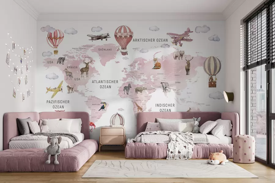 murais de parede Mapa infantil em estilo aquarela com animais e balões de ar quente. Em alemão. Cor rosa. c00001dev3