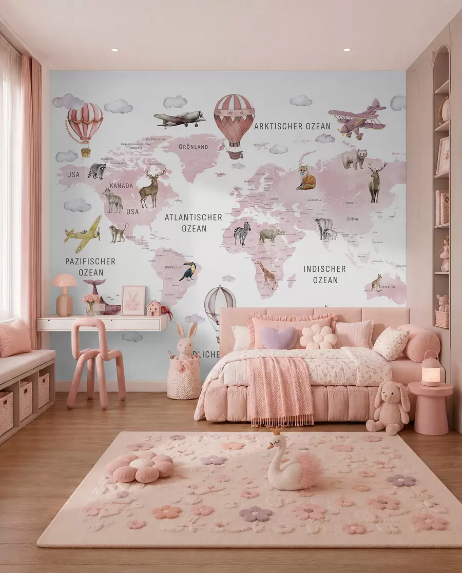 murais de parede Mapa em estilo aquarela para crianças com animais e balões de ar quente. Em alemão. Cor rosa. c00001dev3