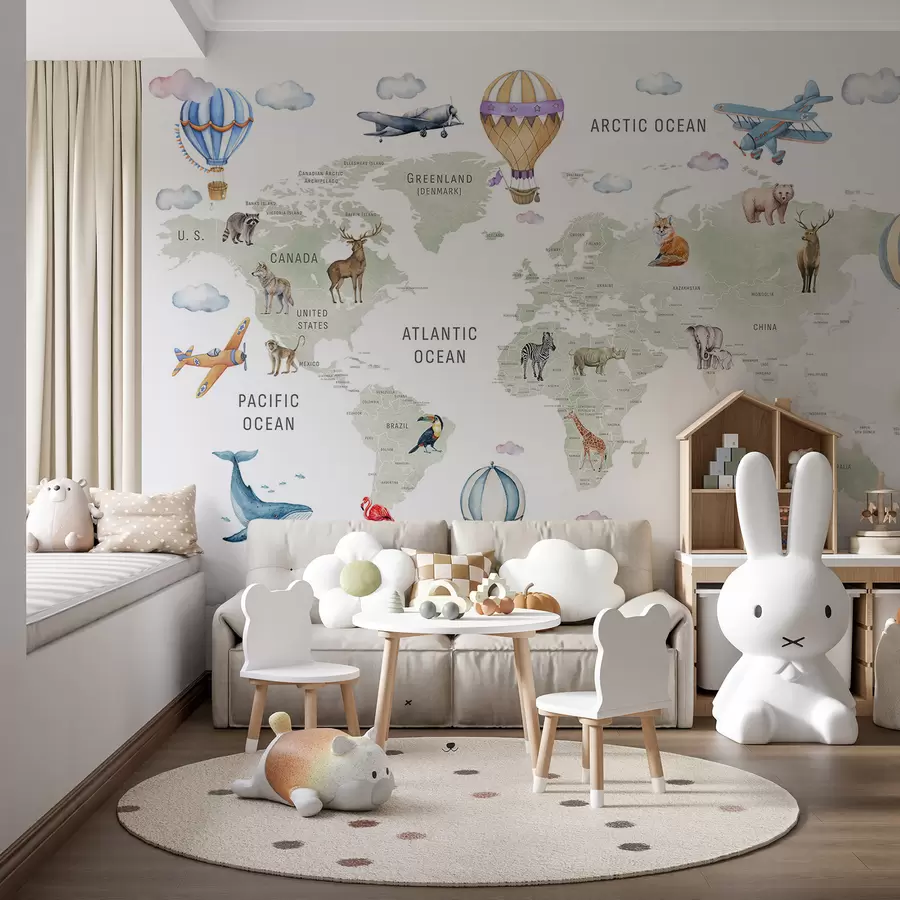murais de parede Mapa infantil em estilo aquarela com animais e balões de ar quente. Em inglês. Cor verde. c00001en
