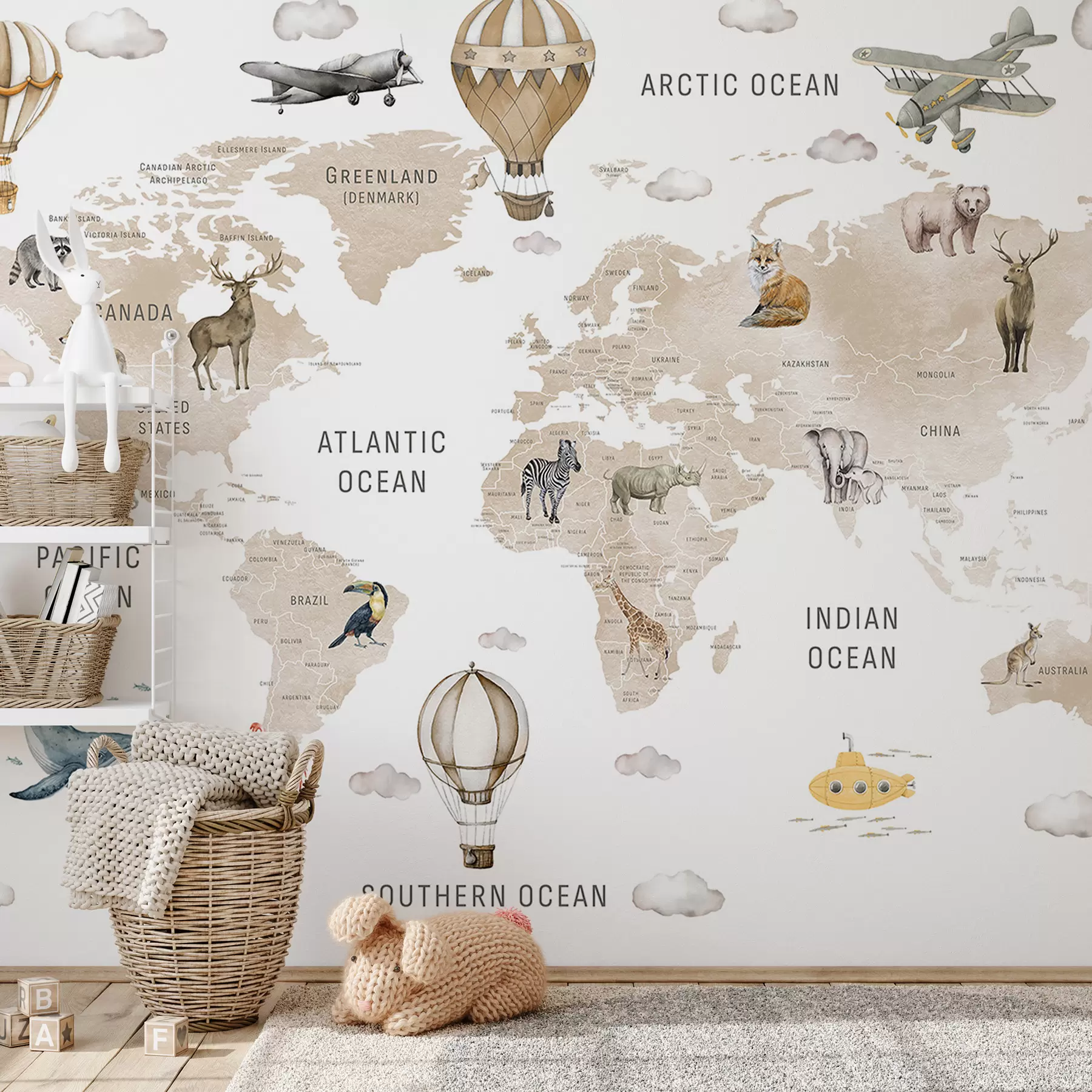 murais de parede Mapa em estilo aquarela para crianças com animais e balões de ar quente. Em inglês. Cor bege. c00001env2