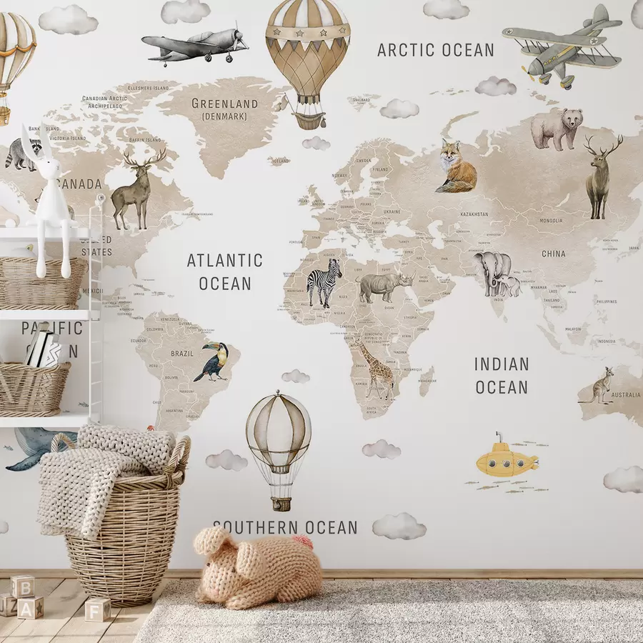 murais de parede Mapa infantil em estilo aquarela com animais e balões de ar quente. Em inglês. Cor bege c00001env2