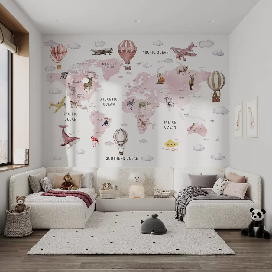 murais de parede Mapa em estilo aquarela para crianças com animais e balões de ar quente. Em inglês. Rosa. c00001env3