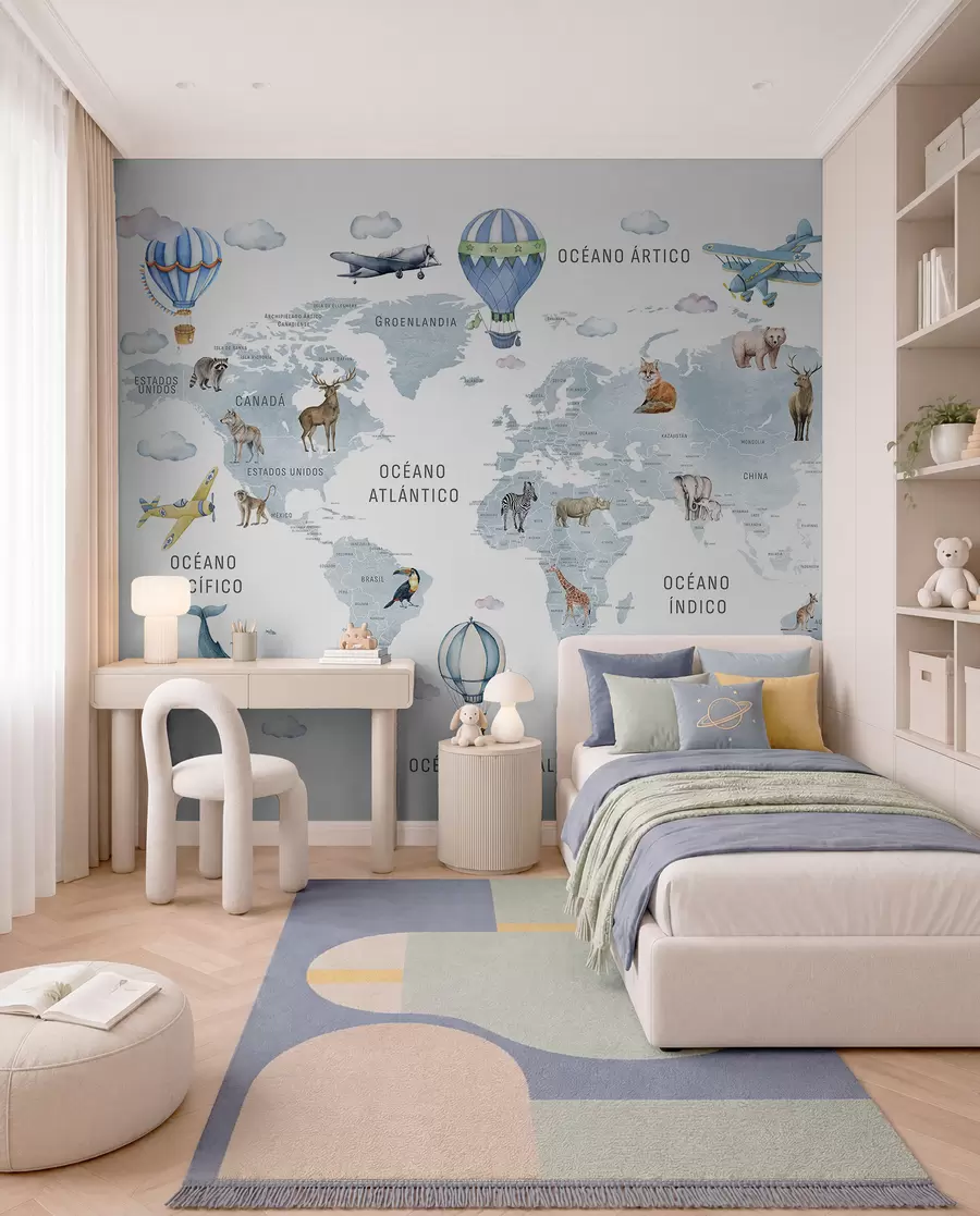 murais de parede Mapa em estilo aquarela para crianças, com animais e balões de ar quente. Em espanhol. Azul c00001esv1