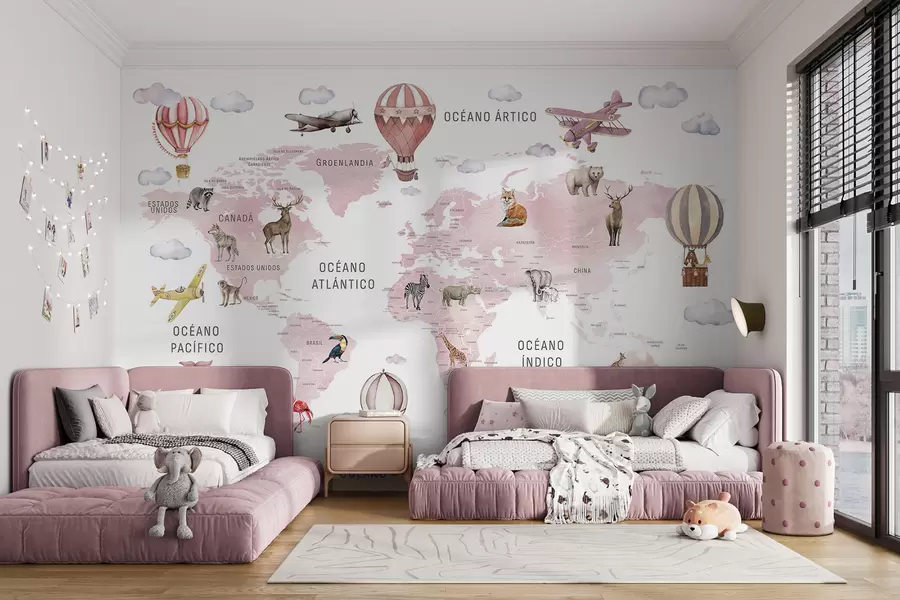 murais de parede Mapa infantil em estilo aquarela com animais e balões de ar quente. Em espanhol. Cor rosa. c00001esv3