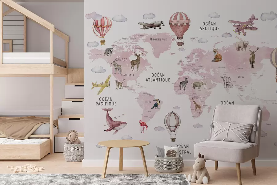murais de parede Mapa infantil em estilo aquarela com animais e balões de ar quente. Em francês. Cor rosa. c00001frv3