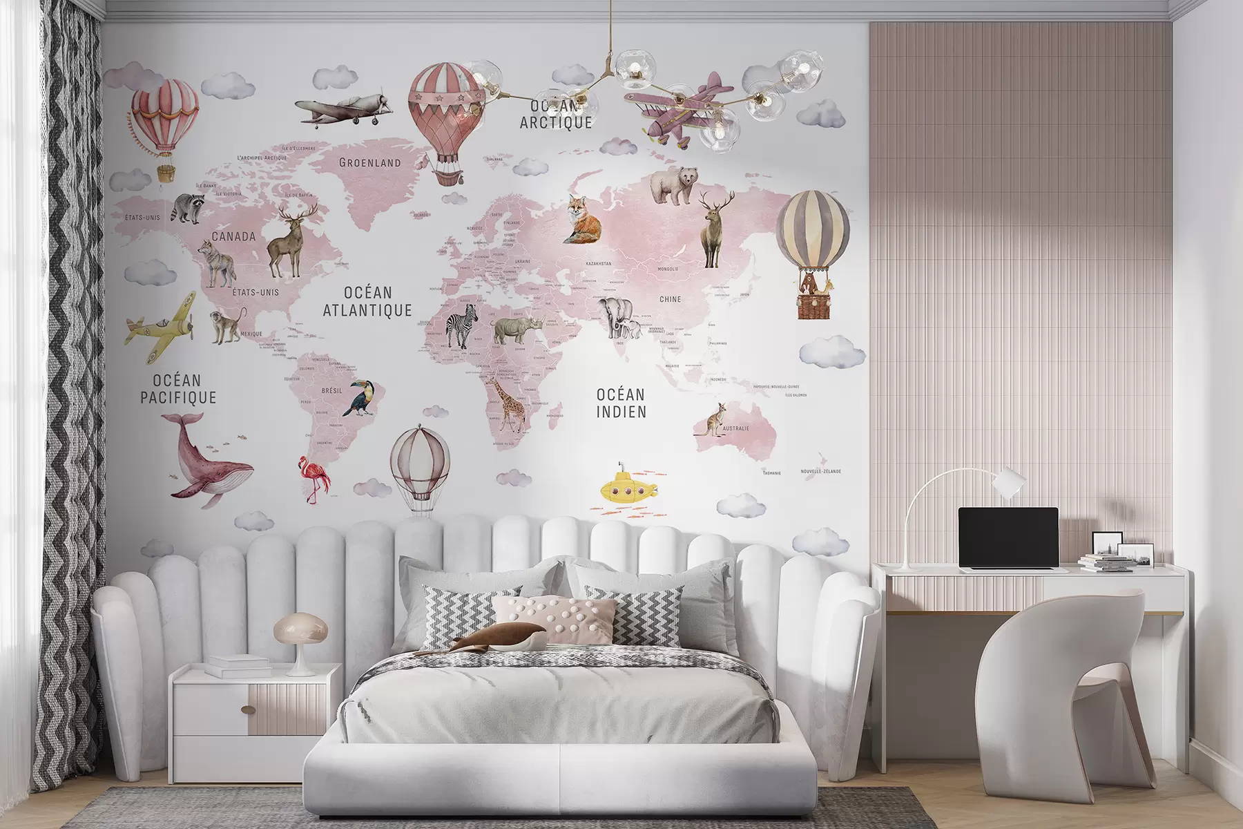 murais de parede Mapa infantil em estilo aquarela com animais e balões de ar quente. Em francês. Cor rosa c00001frv3