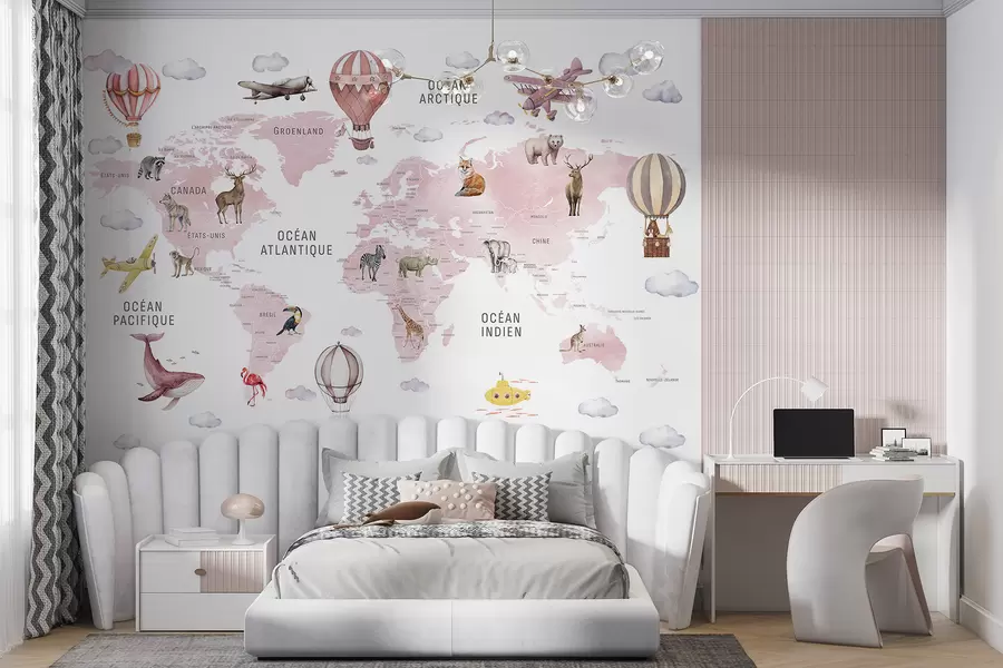 murais de parede Mapa infantil em estilo aquarela com animais e balões de ar quente. Em francês. Cor rosa. c00001frv3
