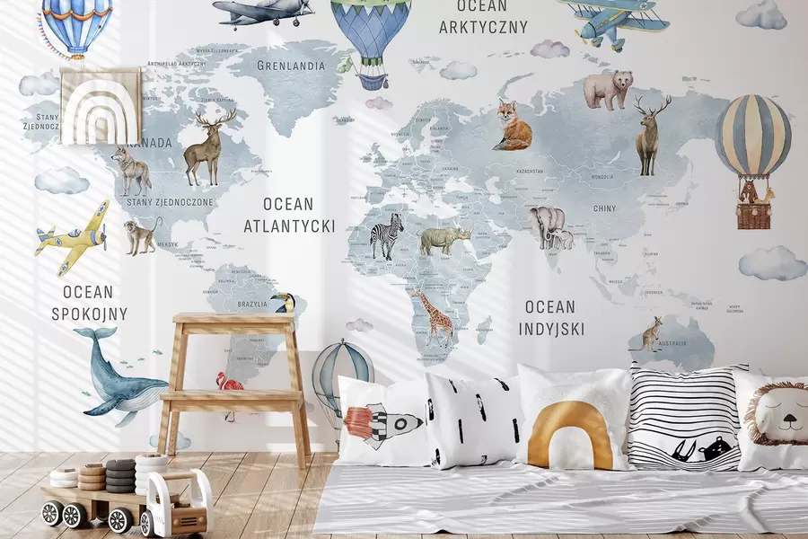 murais de parede Mapa em estilo aquarela para crianças com animais e balões de ar quente. Língua polaca. Cor azul. c00001plv1