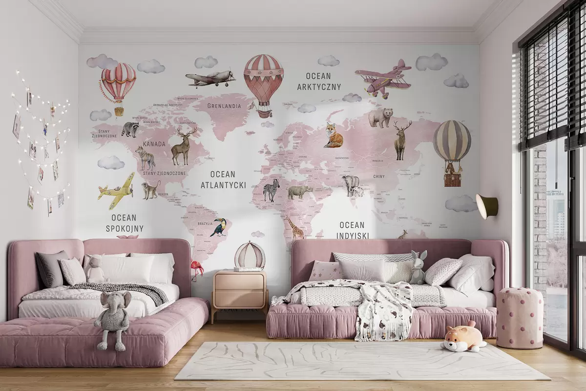 murais de parede Mapa infantil em estilo aquarela com animais e balões de ar quente. Língua polaca. Cor rosa. c00001plv3