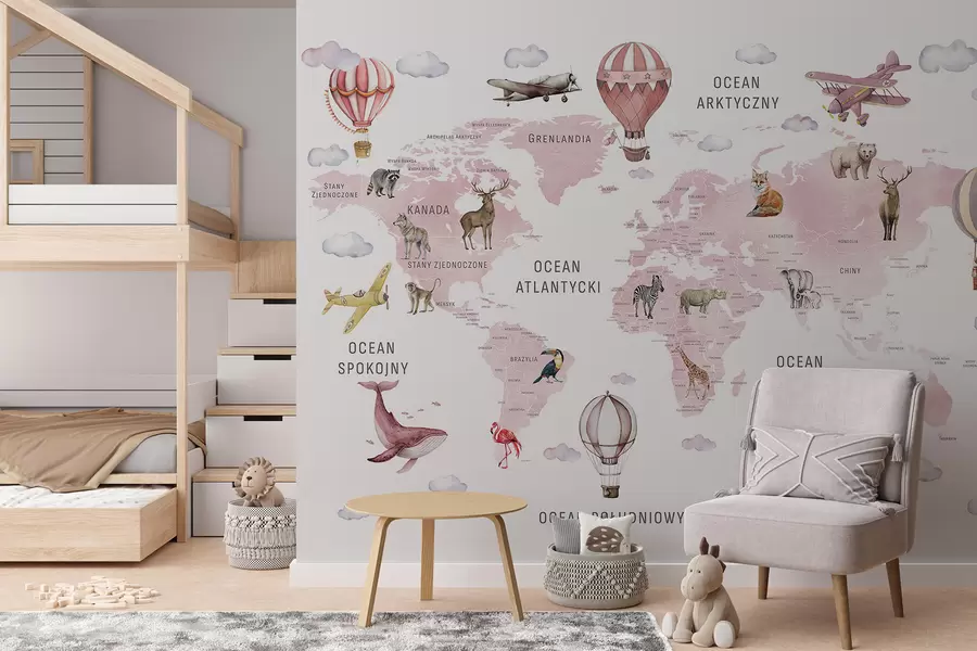 murais de parede Mapa infantil em estilo aquarela com animais e balões de ar quente. Língua polaca. Cor rosa c00001plv3