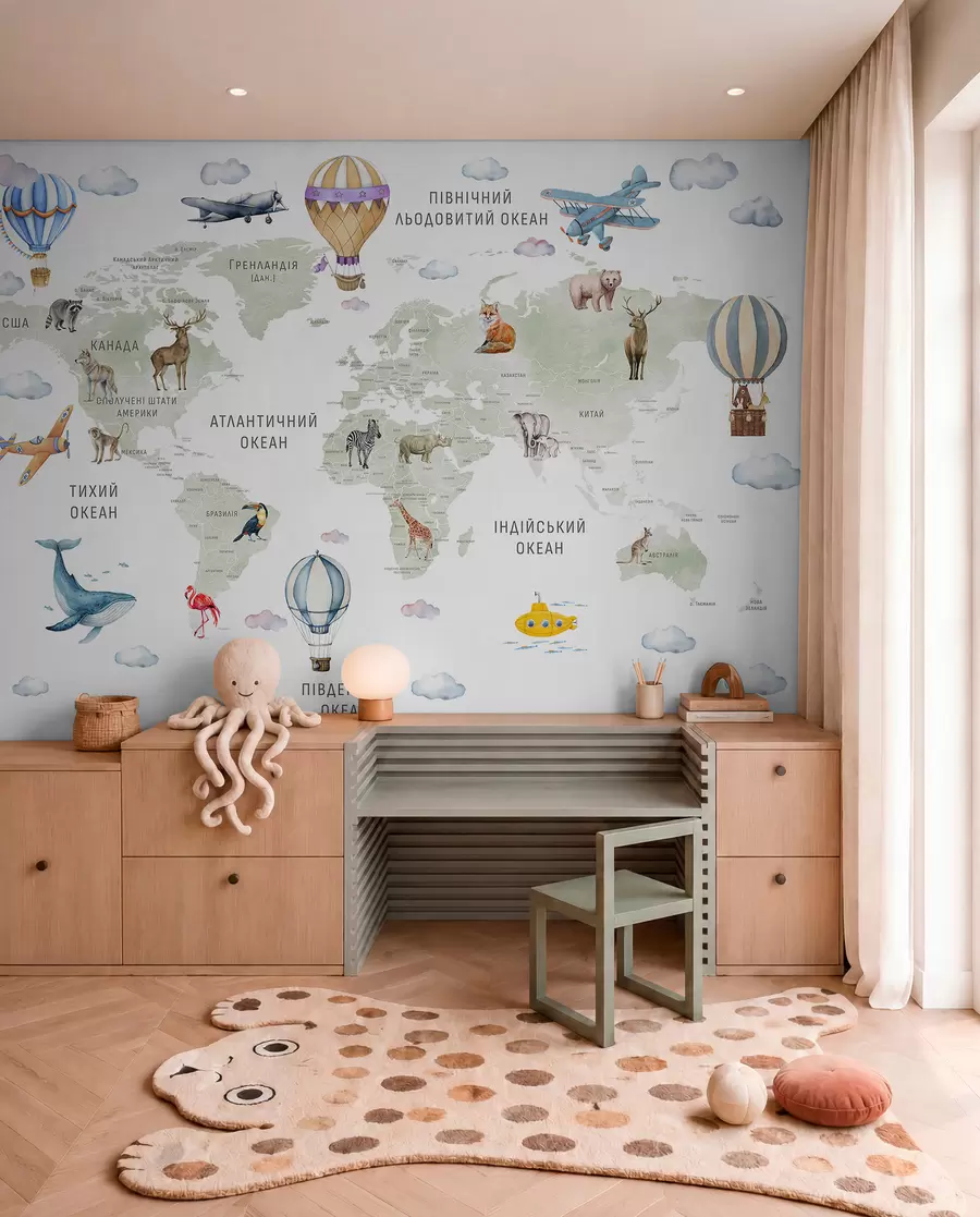 murais de parede Mapa em estilo aquarela para crianças com animais e balões de ar quente. Língua ucraniana. Cor: verde c00001uk
