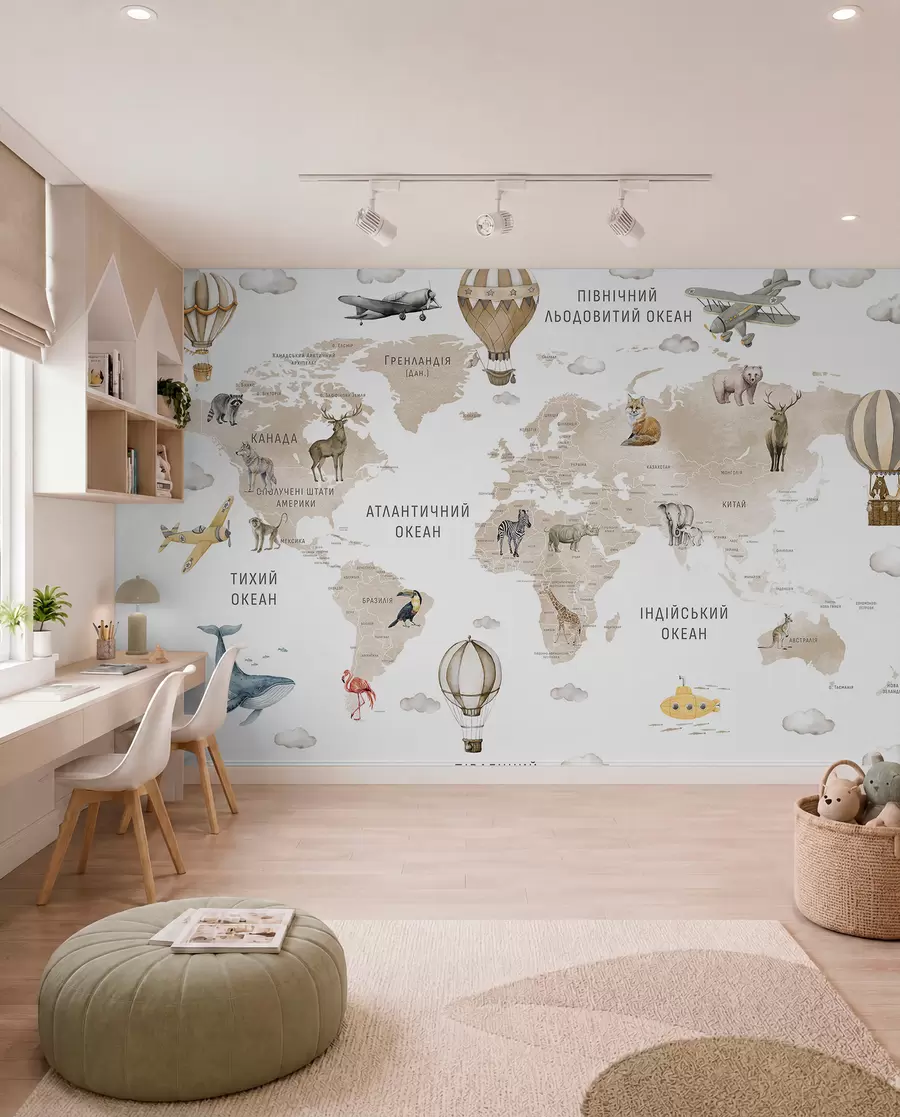 murais de parede Mapa em estilo aquarela para crianças com animais e balões de ar quente. Idioma: ucraniano. Cor: bege c00001ukv2