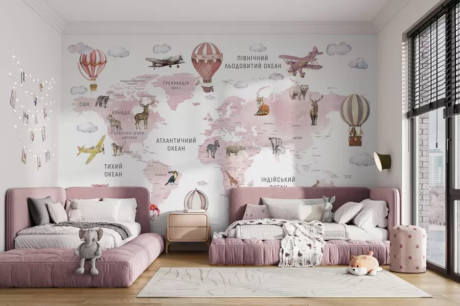 murais de parede Mapa infantil em estilo aquarela com animais e balões de ar quente. Em ucraniano. Cor rosa. c00001ukv3