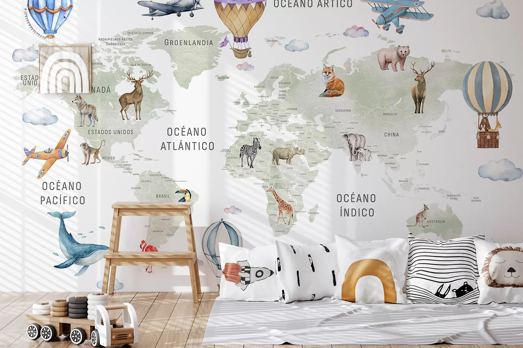 murais de parede Mapa infantil em estilo aquarela com animais e balões de ar quente. Em espanhol. Cor verde c00001es