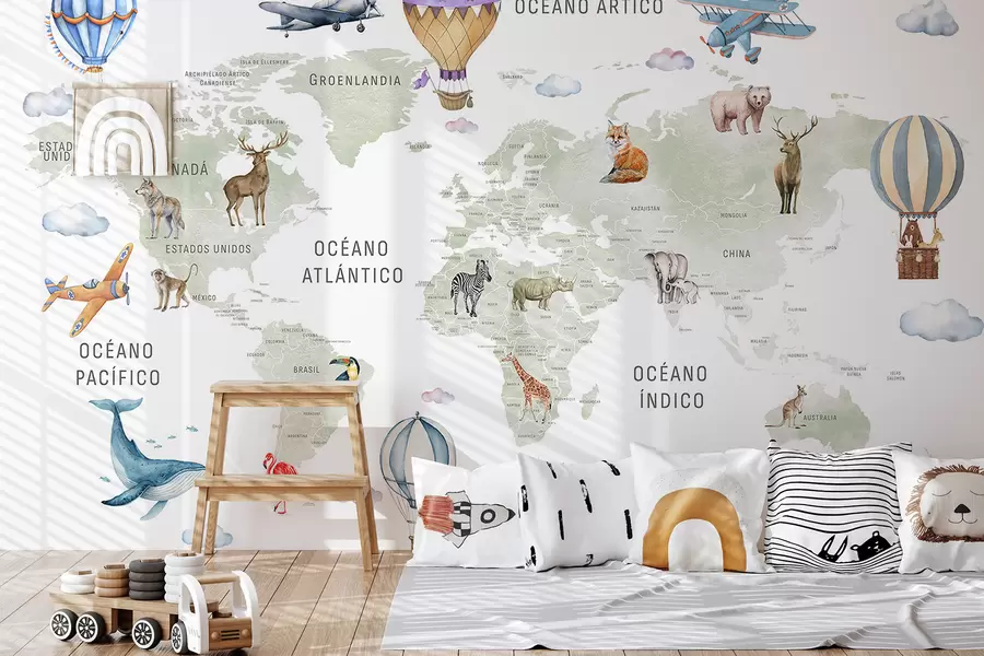 murais de parede Mapa infantil em estilo aquarela com animais e balões de ar quente. Em espanhol. Cor verde. c00001es
