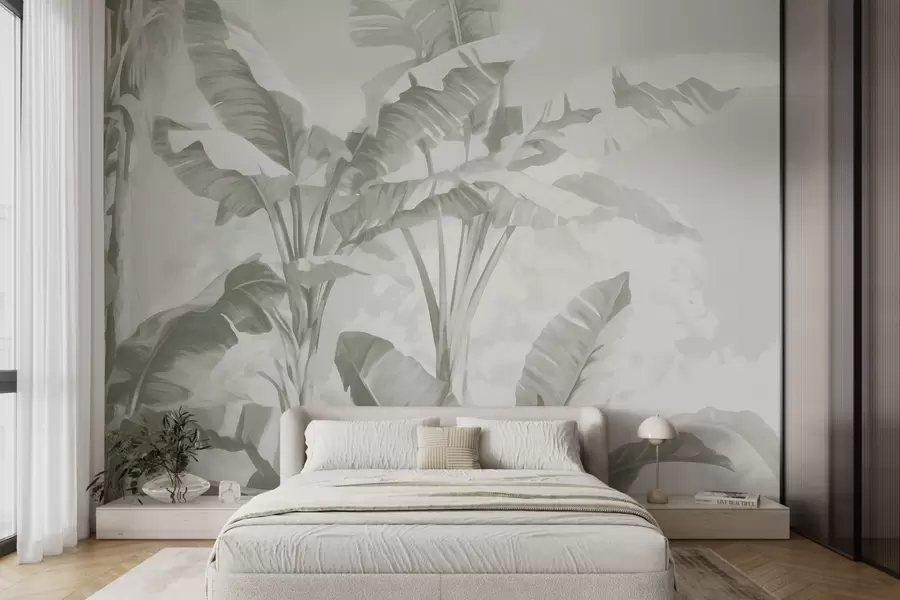 murais de parede Folhas de bananeira tropical em suaves tons de verde w09311v1