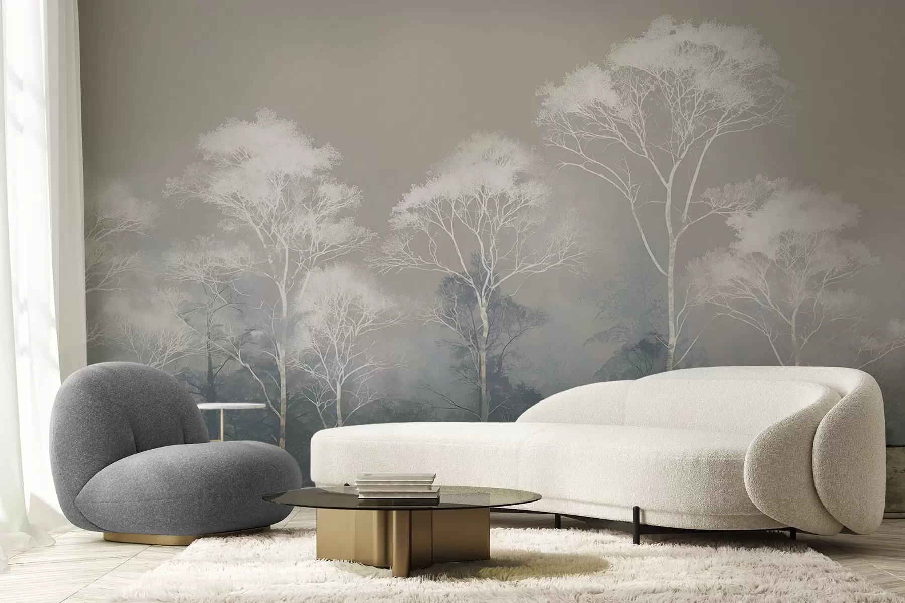 murais de parede Árvores minimalistas em tons de azul-acinzentado, no nevoeiro w09448