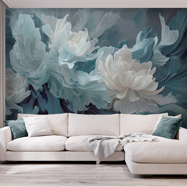 Papéis de parede Flores abstratas em tons de azul e turquesa, Papel de parede Floral, w09452 : Uwalls.pt