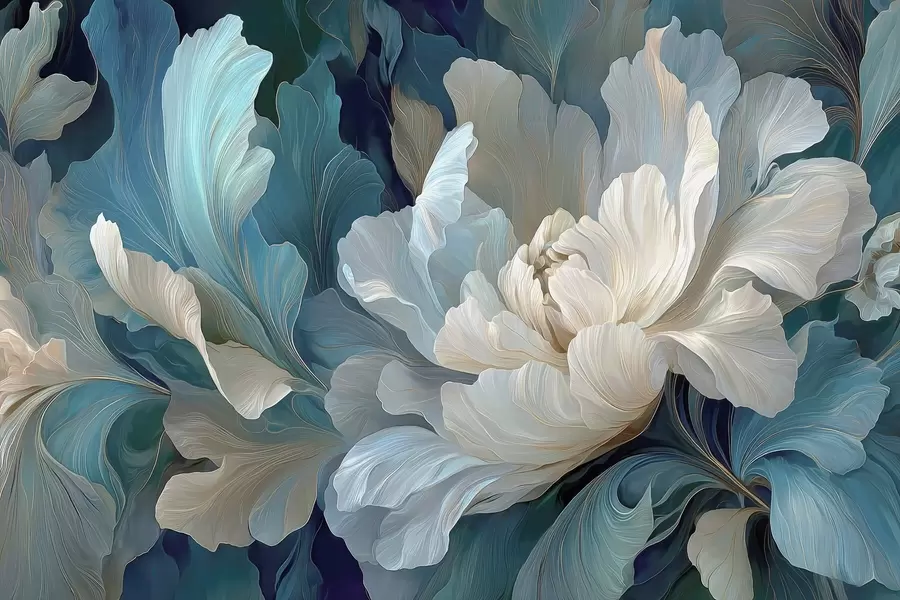 murais de parede Peônia volumétrica delicada em uma paleta de cores frias w09456