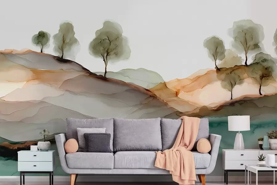 murais de parede Paisagem abstrata em estilo tinta alcoólica — colinas e árvores em tons pastel w09457