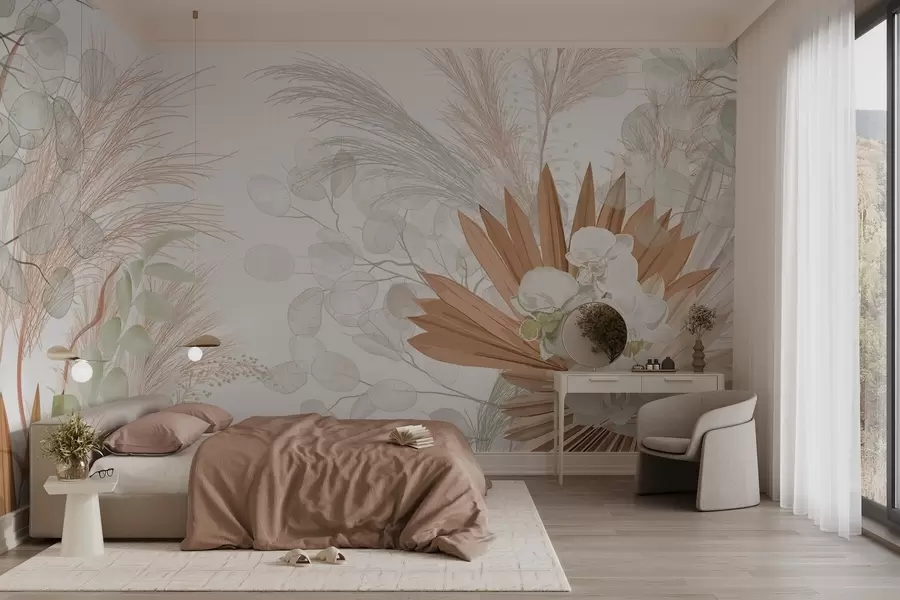 murais de parede Capim-dos-pampas, eucalipto, folhas tropicais e orquídeas em fundo branco, cores pastel w09366