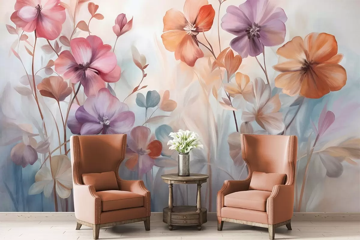 murais de parede Arranjo floral texturizado com flores rosa, roxas e laranjas com caules e folhas verdes, em tons pastel suaves w09486
