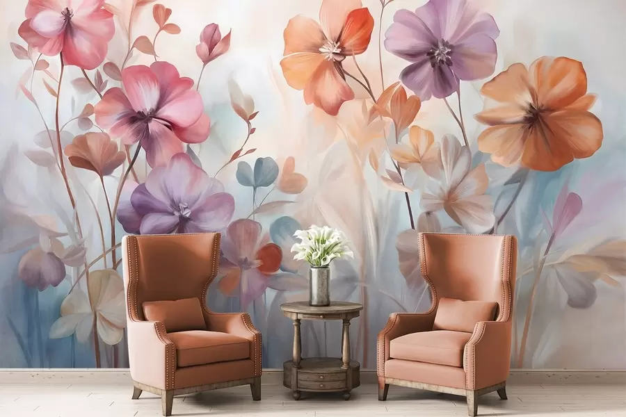 murais de parede Arranjo floral texturizado com flores rosa, roxas e laranjas com caules e folhas verdes, em tons pastel suaves w09486