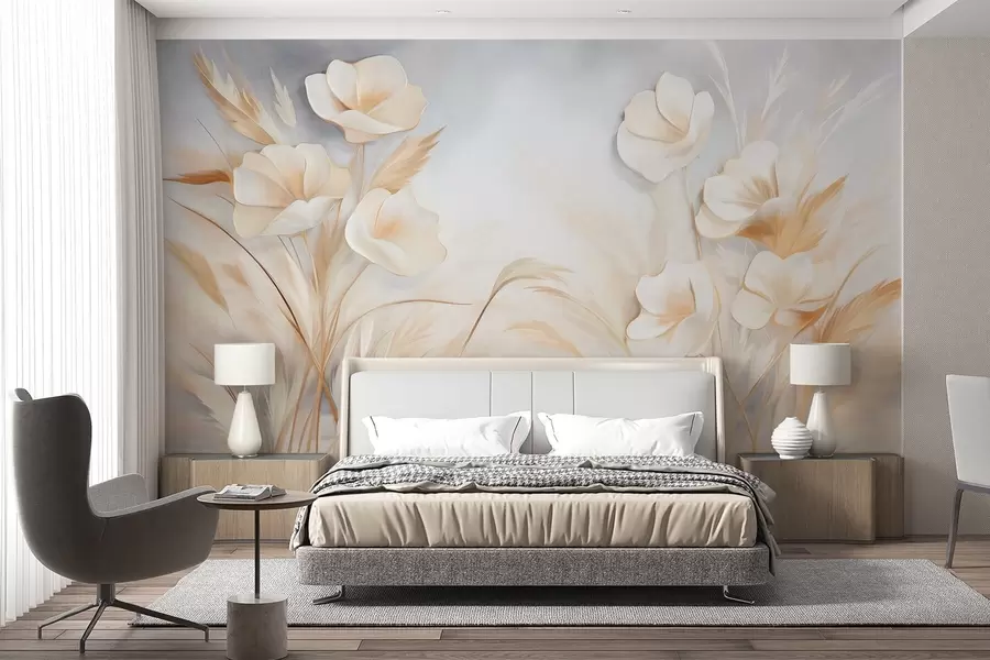 murais de parede Flores brancas, juncos bege e capim-dos-pampas, texturizado, elegante, estilo minimalista, fundo abstrato paisagístico w09490