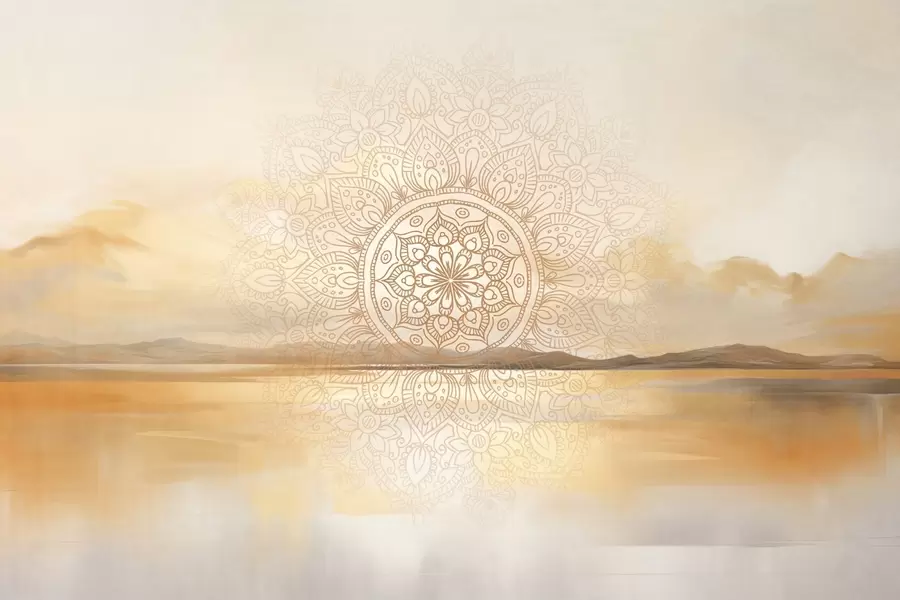murais de parede Desenho simétrico texturado de mandala sobrepondo uma paisagem com mar, colinas e céu, em tons pastel suaves w09491