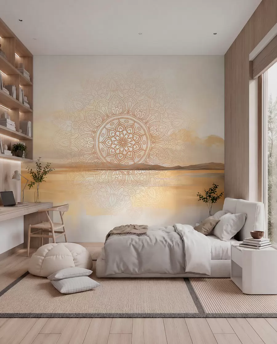 murais de parede Desenho simétrico texturado de mandala sobrepondo uma paisagem com mar, colinas e céu, em tons pastel suaves w09491