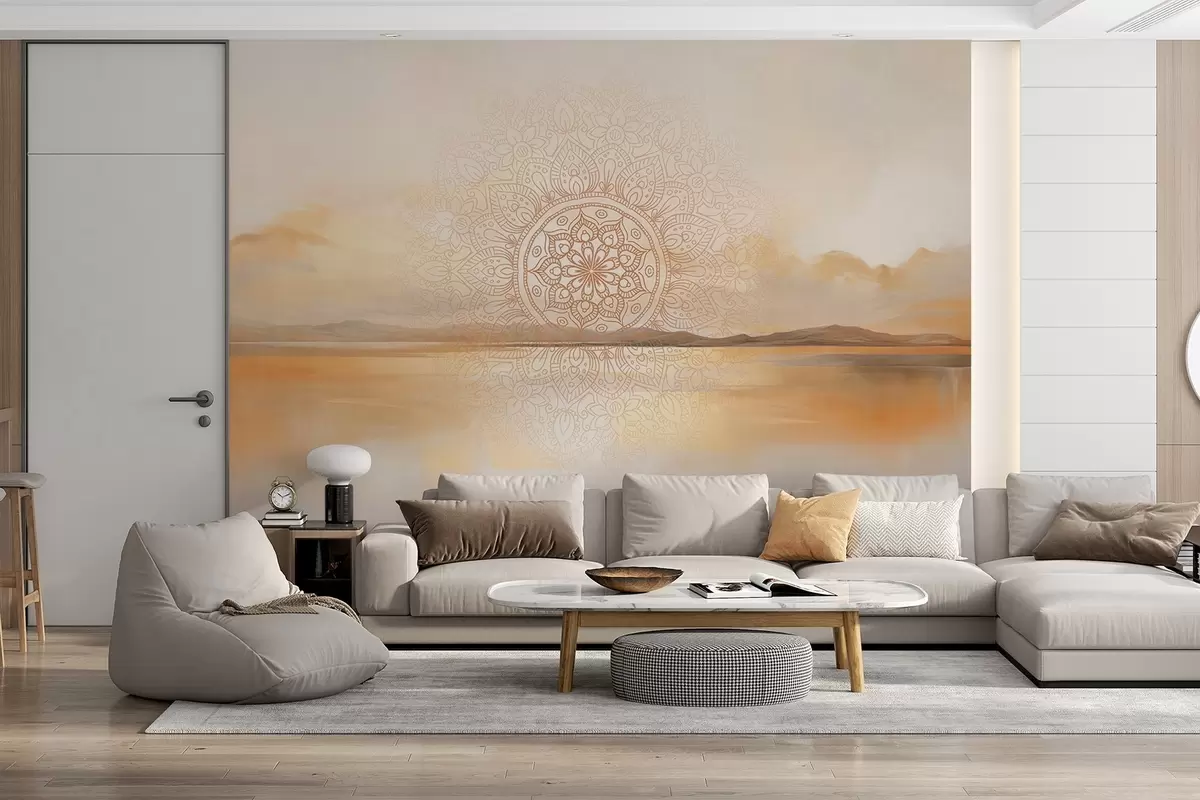 murais de parede Desenho simétrico texturado de mandala sobrepondo uma paisagem com mar, colinas e céu, em tons pastel suaves w09491