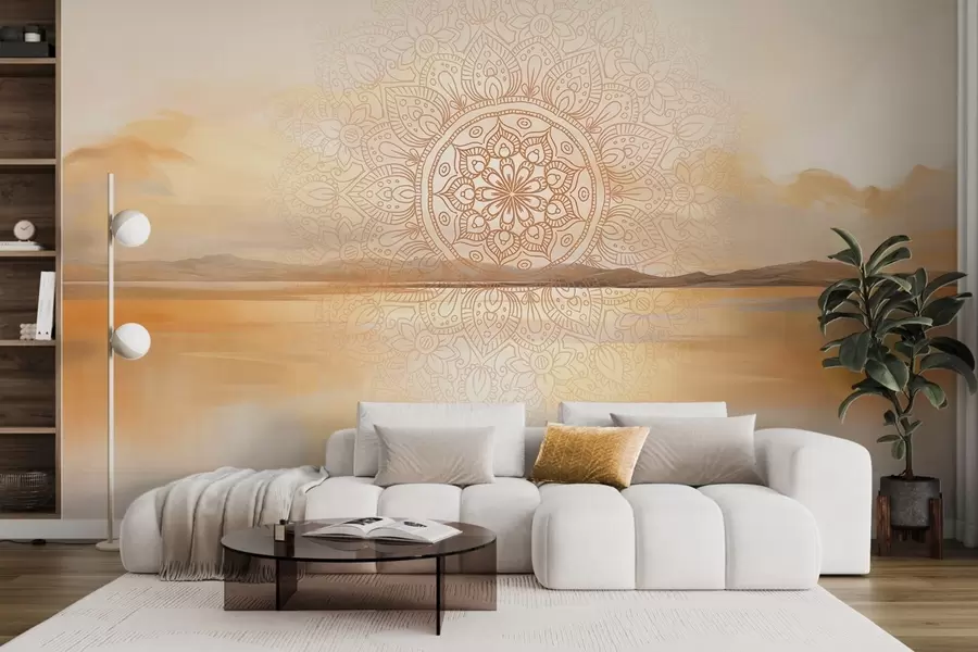 murais de parede Desenho simétrico texturado de mandala sobrepondo uma paisagem com mar, colinas e céu, em tons pastel suaves w09491