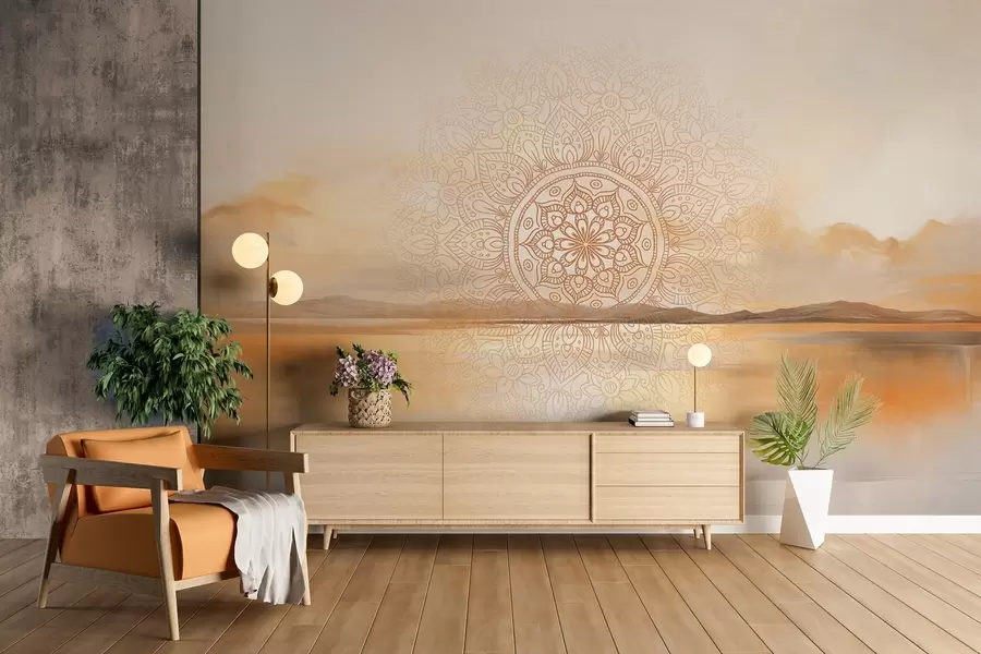 murais de parede Desenho simétrico texturado de mandala sobrepondo uma paisagem com mar, colinas e céu, em tons pastel suaves w09491