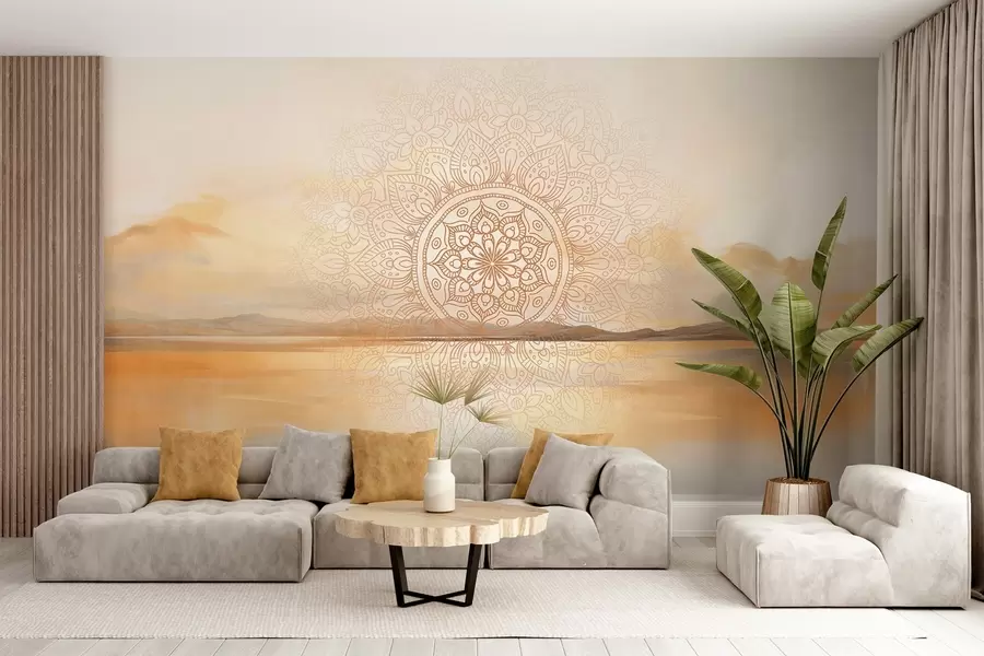 murais de parede Desenho simétrico texturado de mandala sobrepondo uma paisagem com mar, colinas e céu, em tons pastel suaves w09491