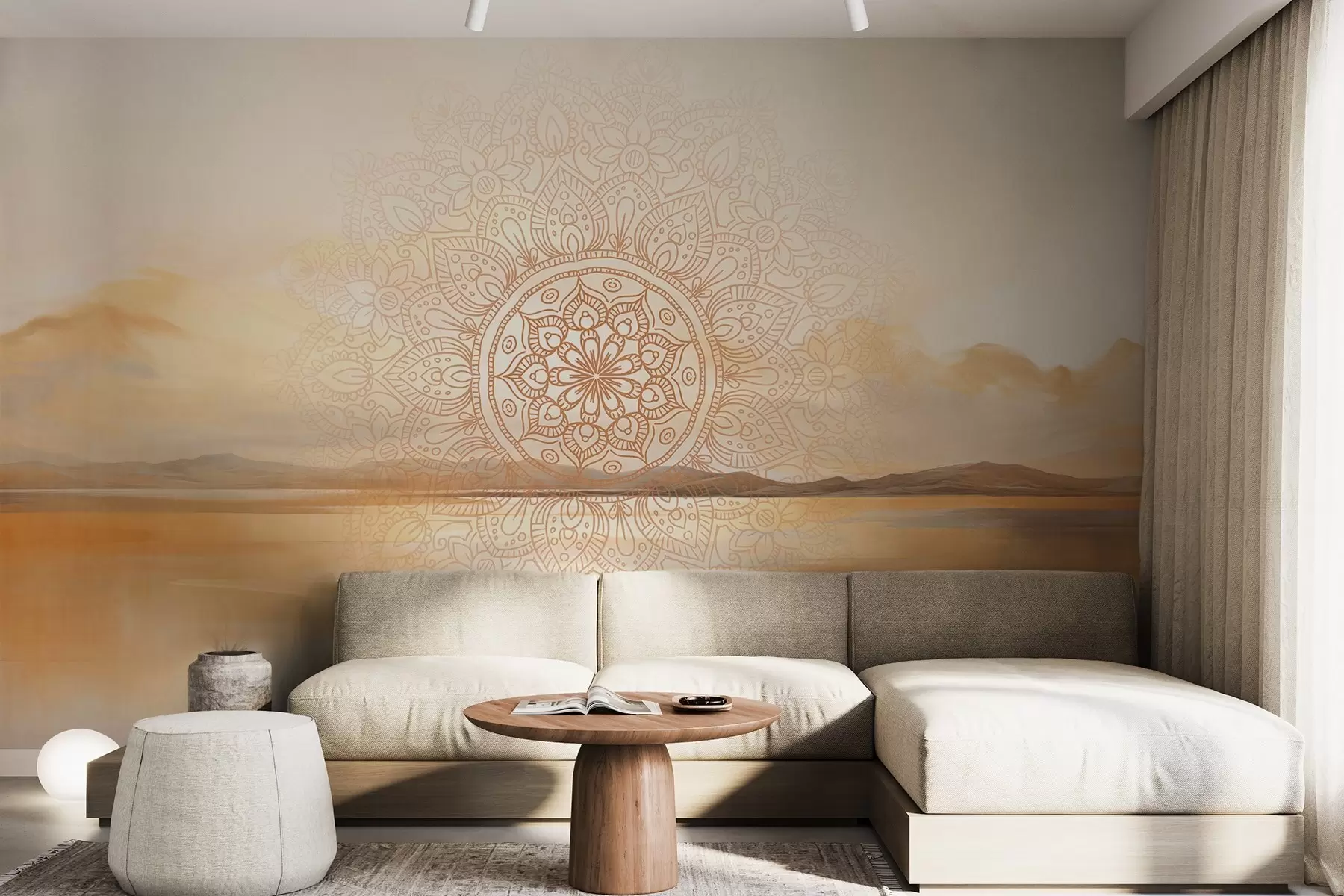 murais de parede Desenho simétrico texturado de mandala sobrepondo uma paisagem com mar, colinas e céu, em tons pastel suaves w09491