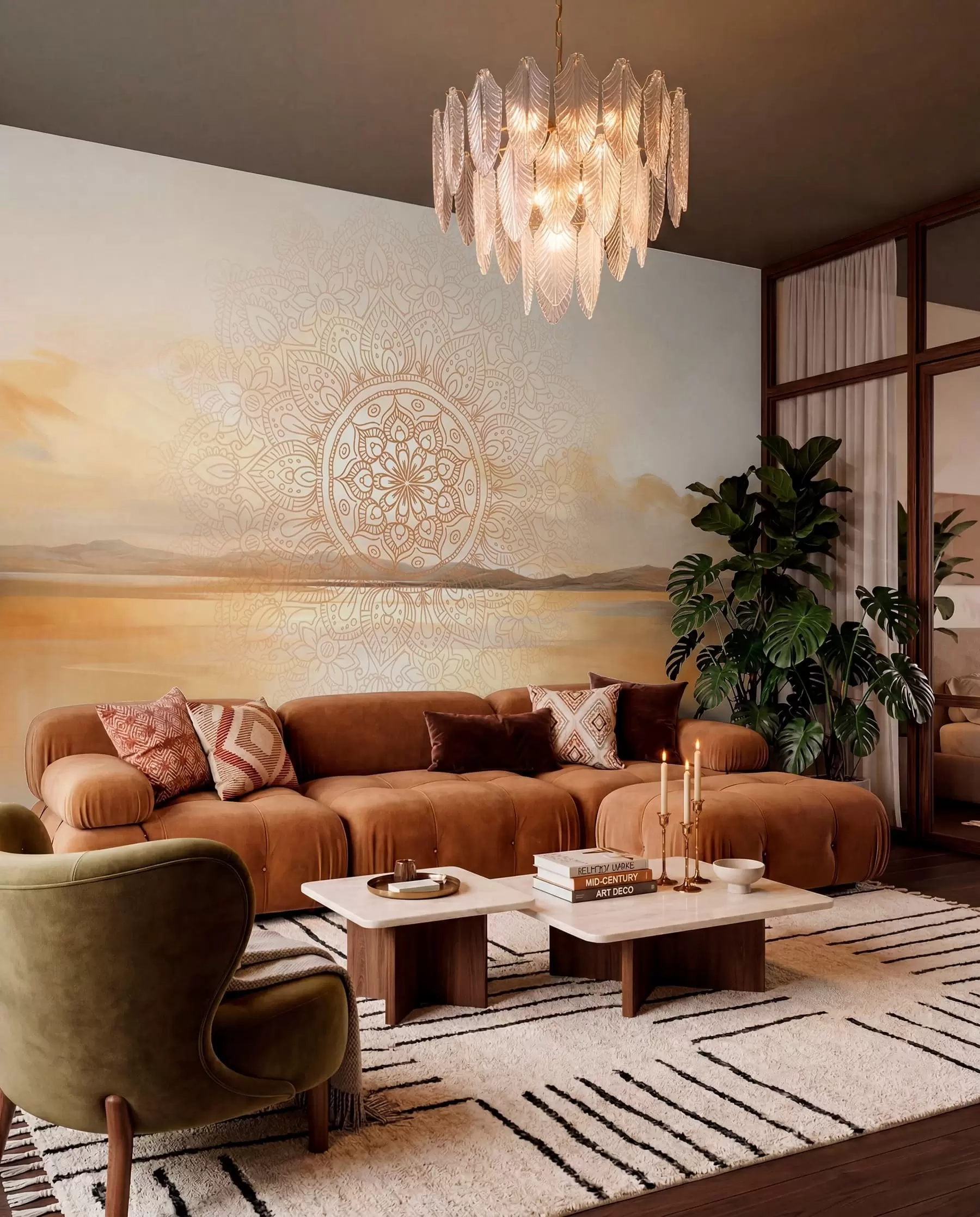 murais de parede Desenho simétrico texturado de mandala sobrepondo uma paisagem com mar, colinas e céu, em tons pastel suaves w09491
