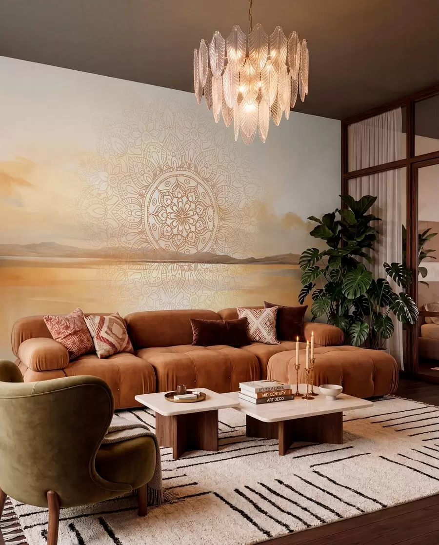 murais de parede Desenho simétrico texturado de mandala sobrepondo uma paisagem com mar, colinas e céu, em tons pastel suaves w09491