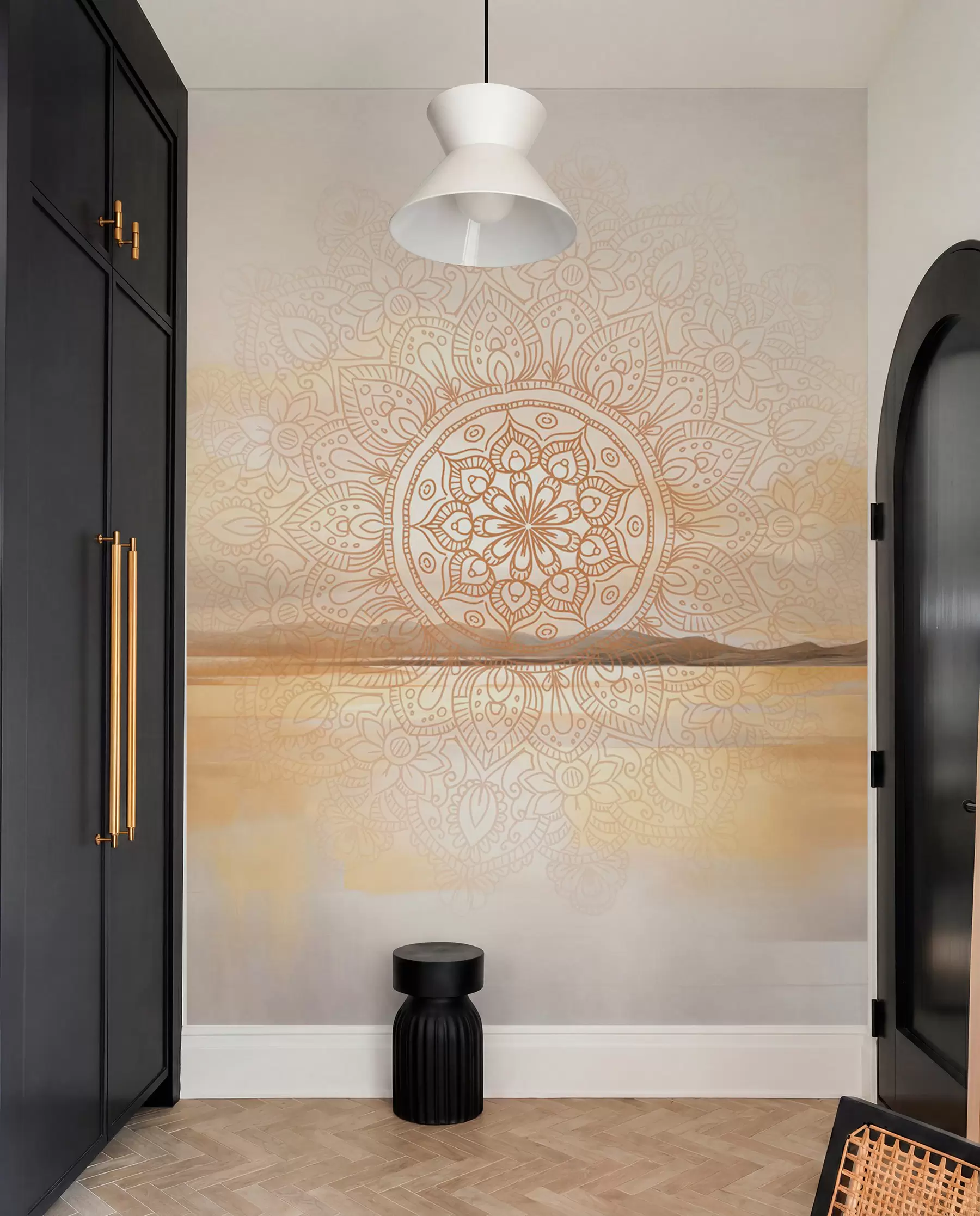 murais de parede Desenho simétrico texturado de mandala sobrepondo uma paisagem com mar, colinas e céu, em tons pastel suaves w09491