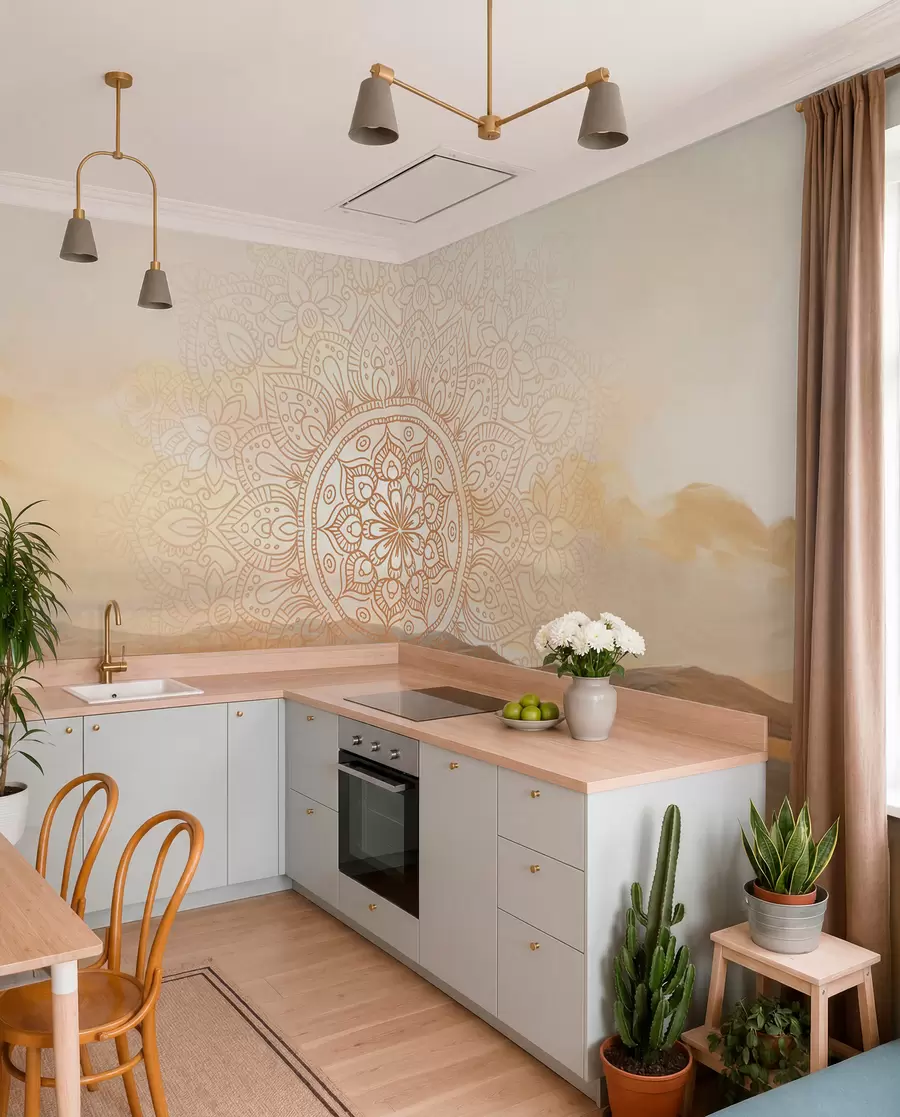 murais de parede Desenho simétrico texturado de mandala sobrepondo uma paisagem com mar, colinas e céu, em tons pastel suaves w09491