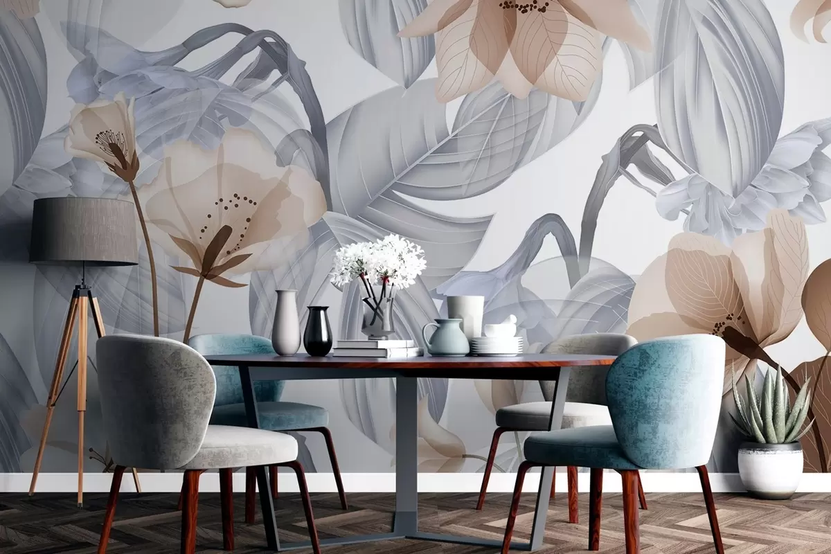 murais de parede Flores castanhas e folhas cinzentas, fundo botânico floral, design elegante, cores suaves, detalhes delicados e leves w09497v1