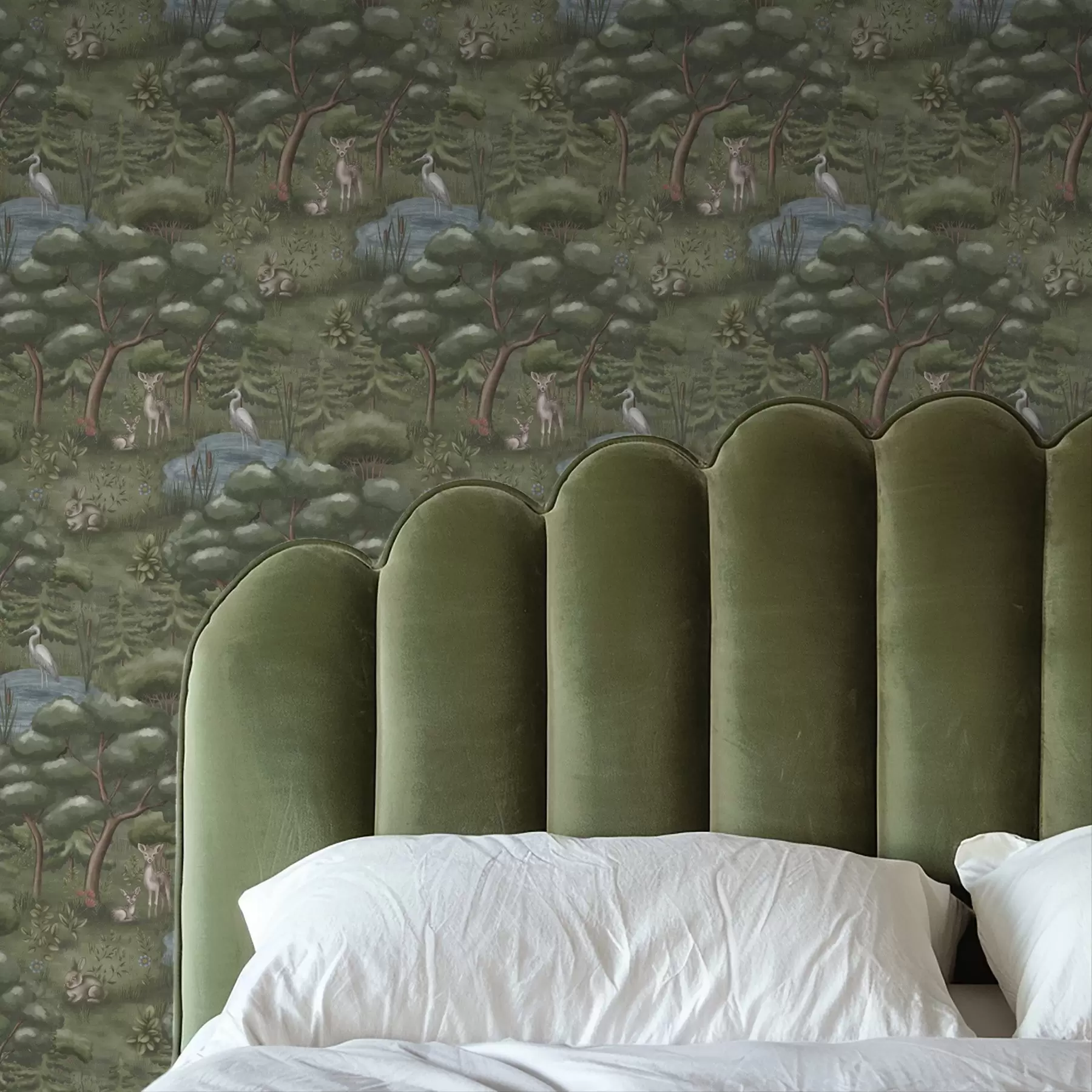 murais de parede Clareira na floresta com veados, coelhos e garças a00680