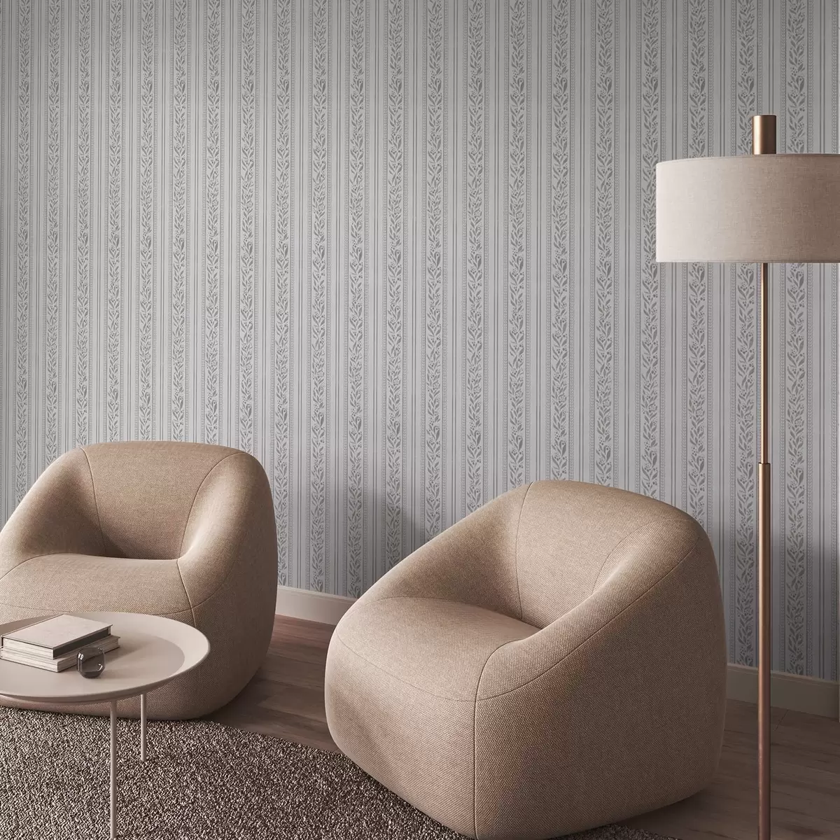 Papel de parede Listras com rendas e ramos em branco frio a00814v1