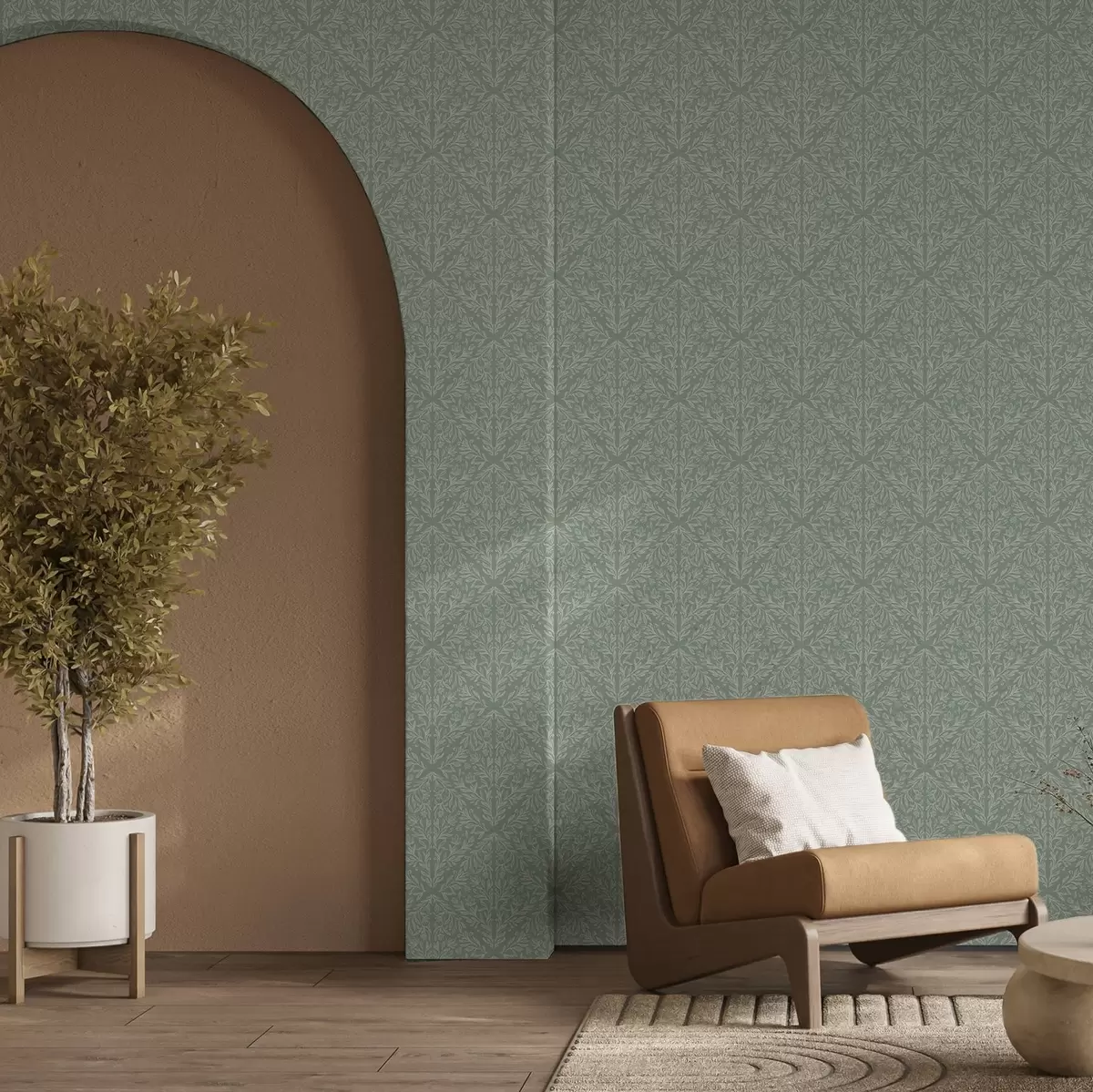 Papel de parede Damasco botânico sobre fundo menta-azeitona a00815